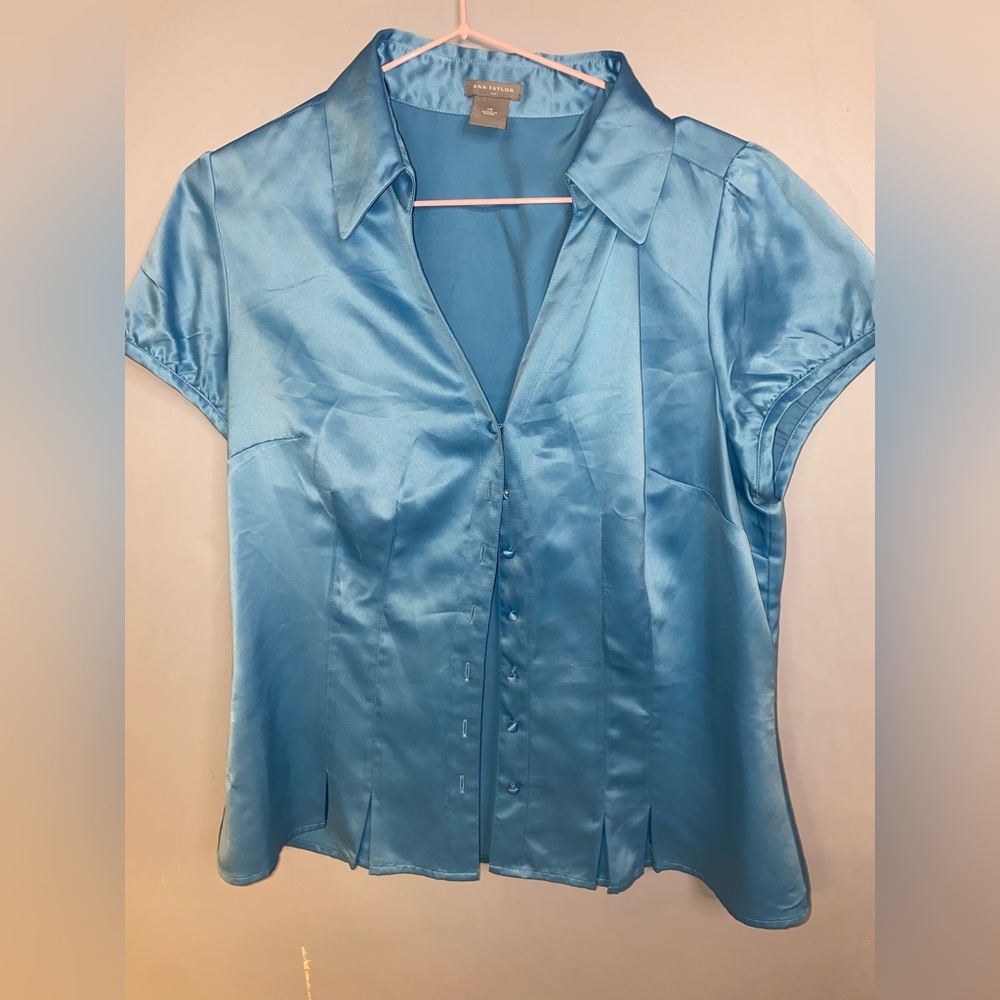 Ann Taylor Light Blue Satin Button Up Blouse